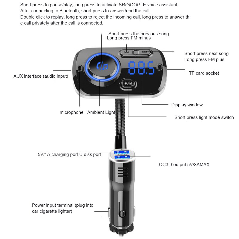 Bluetooth 5.0 Car Kit Handsfree Bellen Fm-zender Aux O Auto Speler A2Dp Draadloze Mp3 Universele Snel Opladen