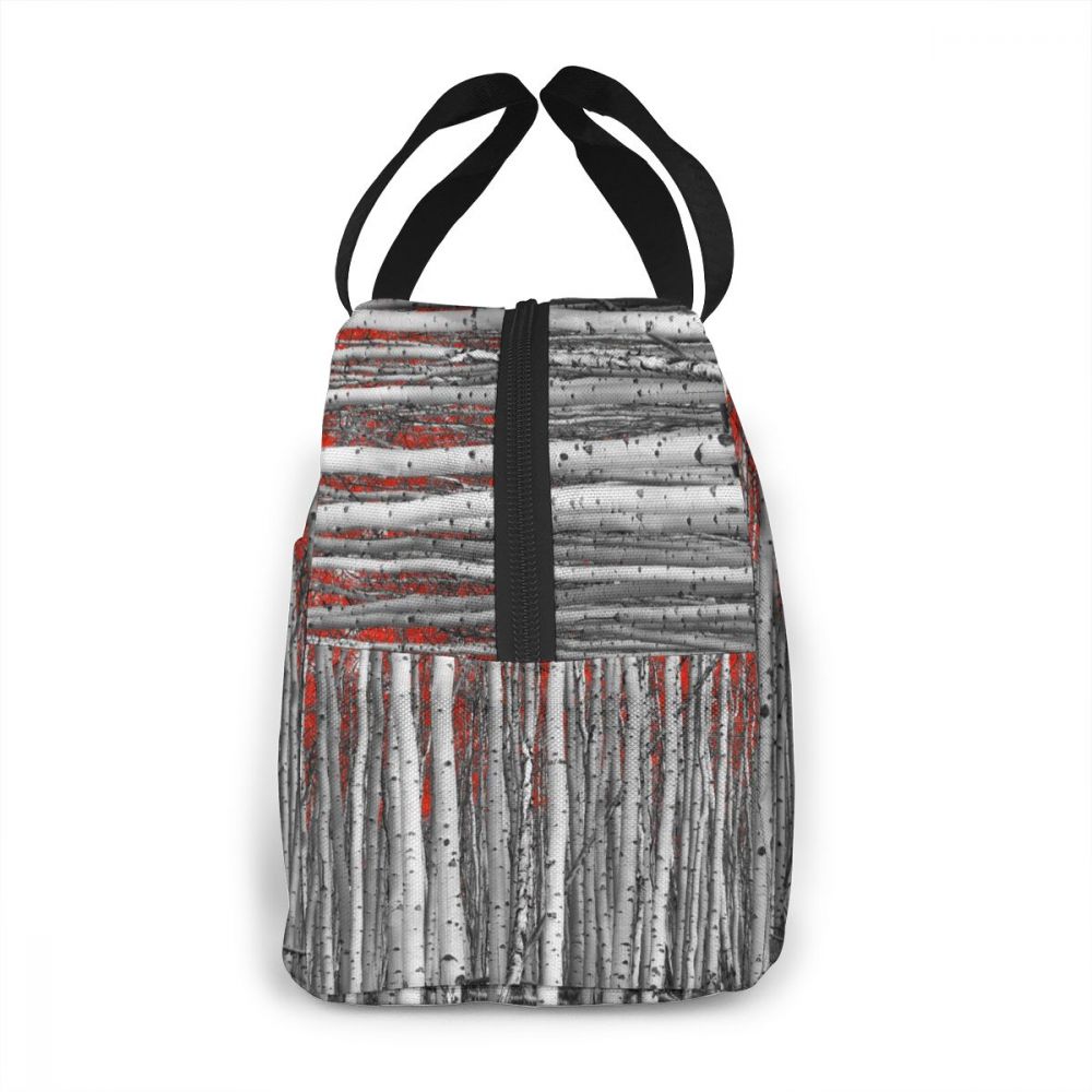 Portable Lunch Bag Grey Birch Tree With Red Leave Thermal Insulated Tote Cooler Bag Bento Pouch Lunch Container Food Storage Bag