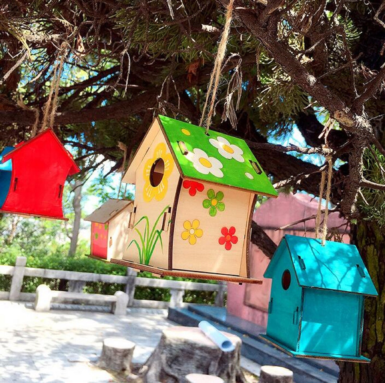 4# Wooden Home Decoration Diy Hand Painted Crafts Graffiti Bird House Set 30ml Wooden Home Decoration Diy Hand Painted Crafts