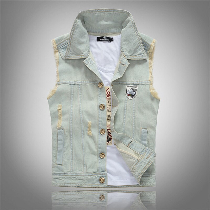 high-grade Denim Vest Men top coat jeans Spring Autumn Vintage 80s Classic Casual cowboy clothes: White / XXL
