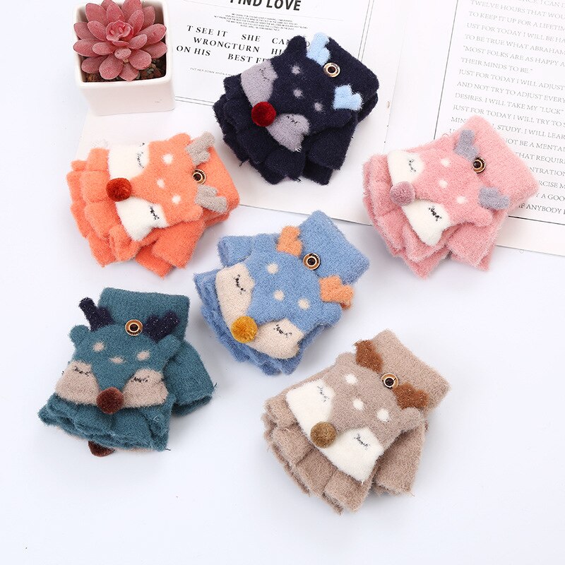 Winter Kinderen Jongens En Meisjes Baby Warm Herten Flip Half Vinger Warme Gebreide Wollen Handschoenen 2ST2