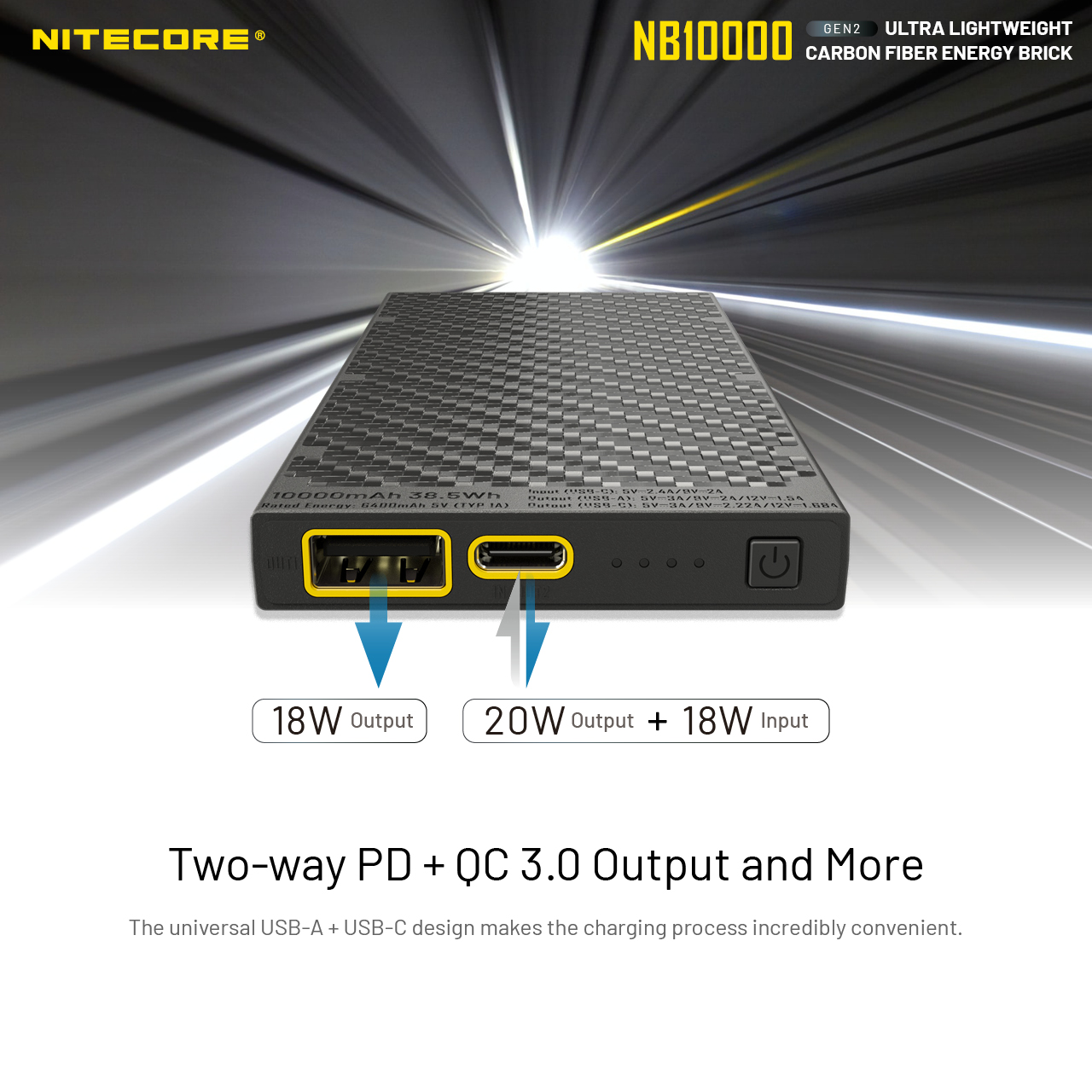 NITECORE NB10000 GEN2 Power Bank 10000mAh cargador portátil de carga rápida ultraligero para iPhone HUAWEI batería de litio