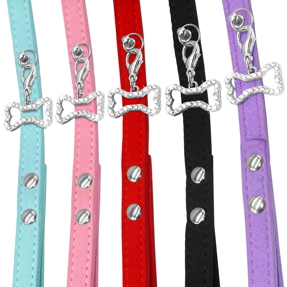 Zachte Suède Pet Hondenriem Katten Honden Wandelen Lead Touw Met Bling Strass Bone Hanger Huisdier Kat Kraag Riemen band