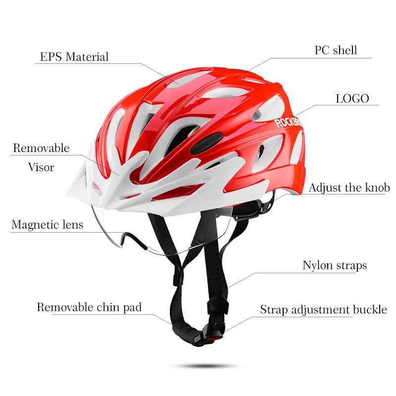 Rockbros Integraal-Gegoten Fiets Helmen Ultralight Magnetische Bril Mtb Mountain Road Fietshelmen Met Bril 57-62 Cm