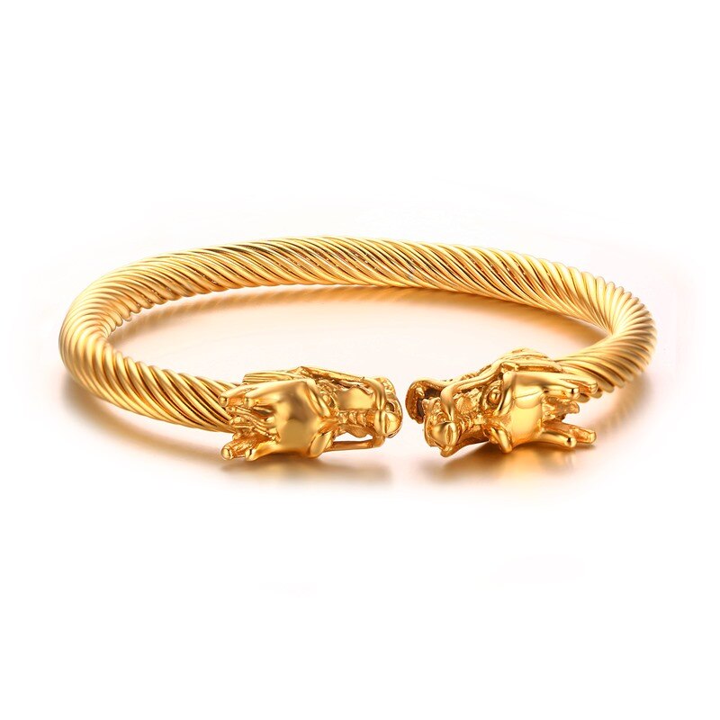 Dragon Accenten Dikke Kabel Manchet Armbanden voor Mannen Rvs Elastische Verstelbare Bangle Vintage Mannelijke Sieraden Brackelts: Gold