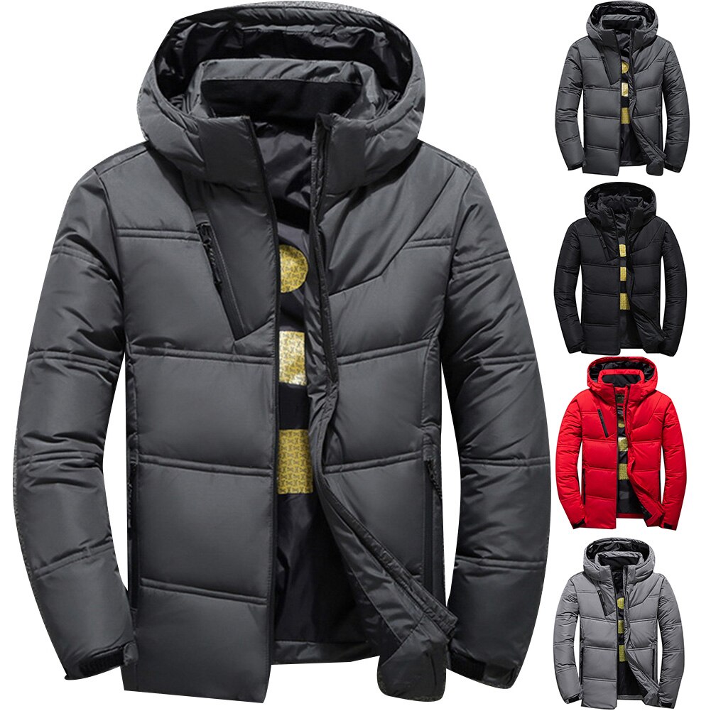 Men's Winter Solid Color Zipper Warm Hooded Down Jacket Outdoor Sport Parka Coat Top