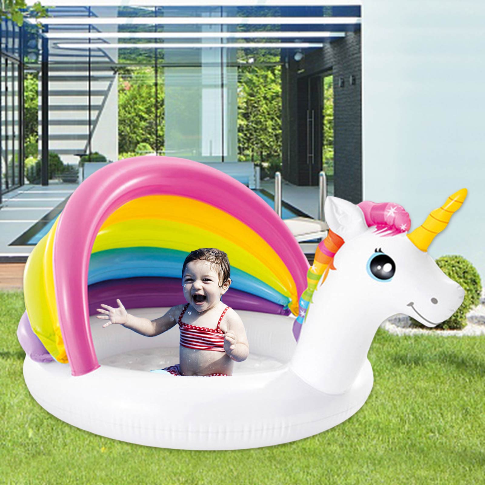 Baby Inflatable Swimming Pool Cute Unicorn Shape Awning Paddling Pool For Children Kids Backyard Garden