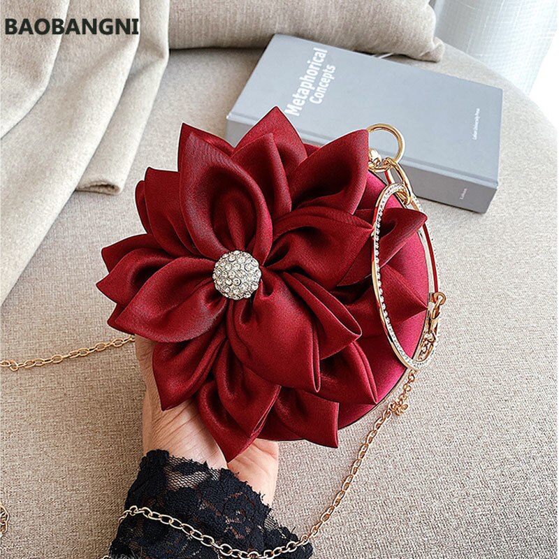 Red Flower Clutch Purse Women Round Evening Bag Crystal Diamond Wedding Silk Handbag Exquisite Chain Shoulder Bags