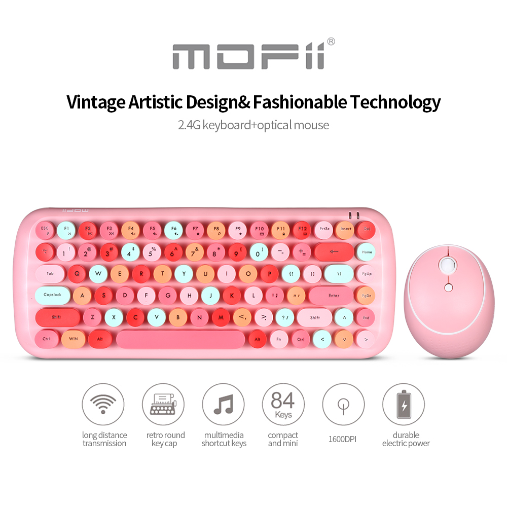 Mofii CANDY Keyboard Mouse Combo Wireless 2.4G Mixed Color 84 Key Mini Keyboard Mouse Set with Circular Punk Key Caps