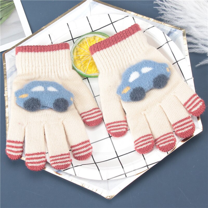 Baby Meisjes Handschoenen Volledige Vinger Voor Kinderen Cartoon Auto Wanten Warmer Kids Herfst Winter Handschoen School Jongen Wollen Gebreide Mitten: White