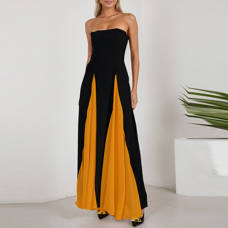 Forårskjoler med off-shoulder-motiv til kvinder sexet tube top farveblokeret patchwork lang kjole sommerkjole med ærmer og ryg: M / Blå