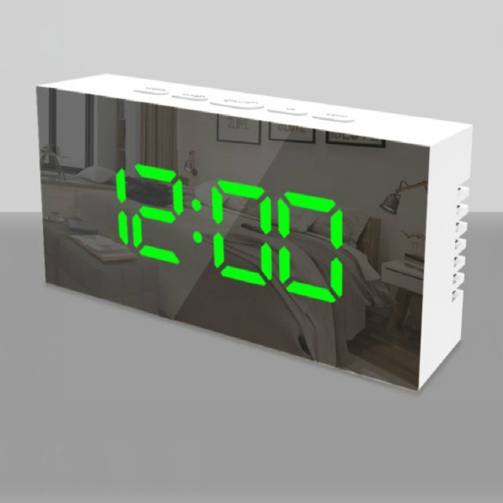 Miroir LED réveil Table horloge lumineux numérique Snooze temps température réveil lumière rétro-éclairé bureau horloge chambre: White shell green