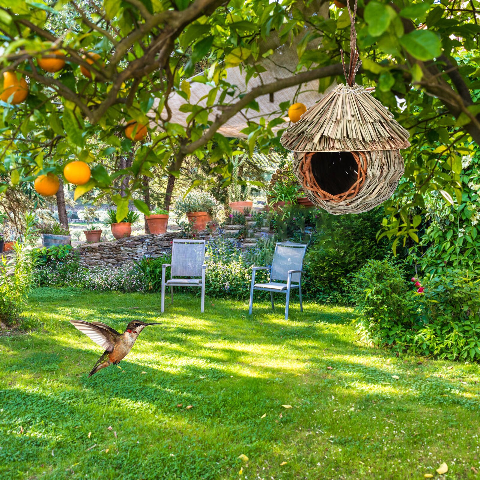 Outdoor Hummingbird House Hand Woven Straw Rope Bird Nest Outdoor Bird Nest Hideaway Roosting Pockets For Butterfly Finch Canary