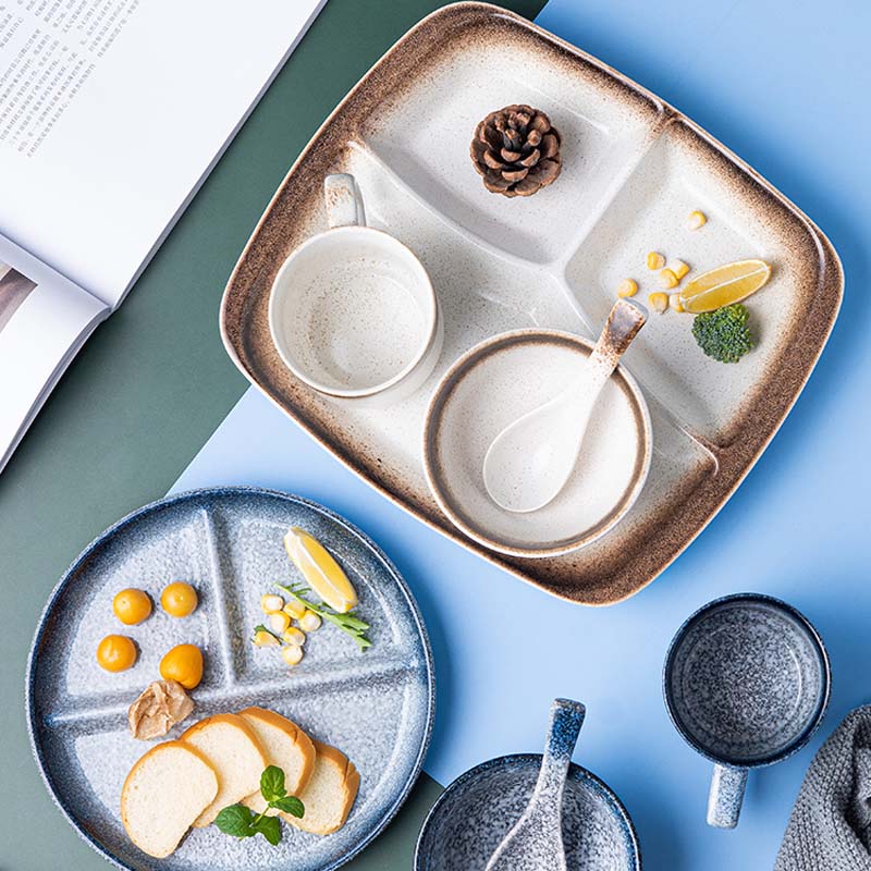 FANCITY Japanese-style divided plate ceramic dinner plate divided meal system household one-person food dividing plate adult tab