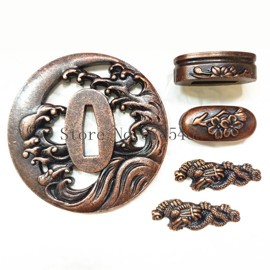 Ocean waves Theme Sword Guard for Katana/Wakizashi Fittings Set Kirsite Tsuba+Menuki+Fuchi+Kashira+Handle+Habaki+Seppa Metal Cra: B