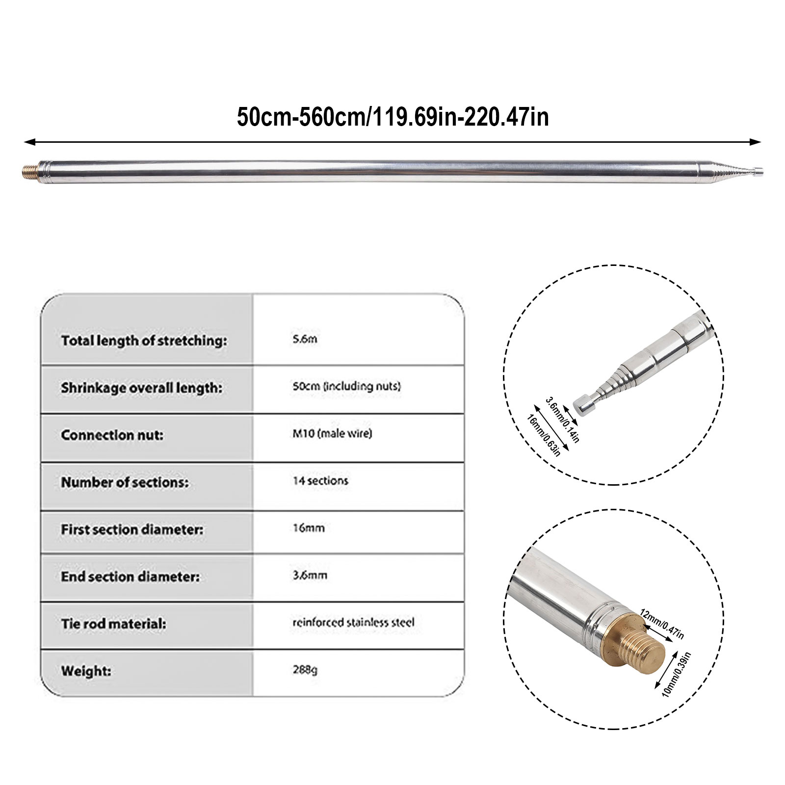 5 6M pour antenne GP télescopique pour applications Yagi 14 sections acier inoxydable solide et léger