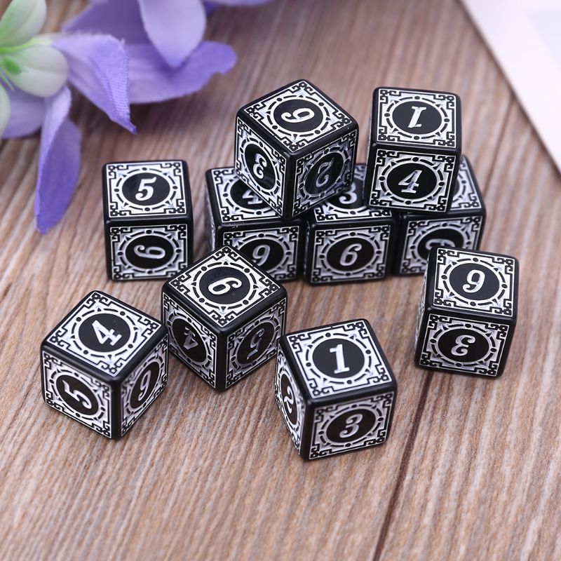 Lot de 10 dés polyédriques D6, nombres carrés à bords, 6 faces, perles, planche de Table, 448D