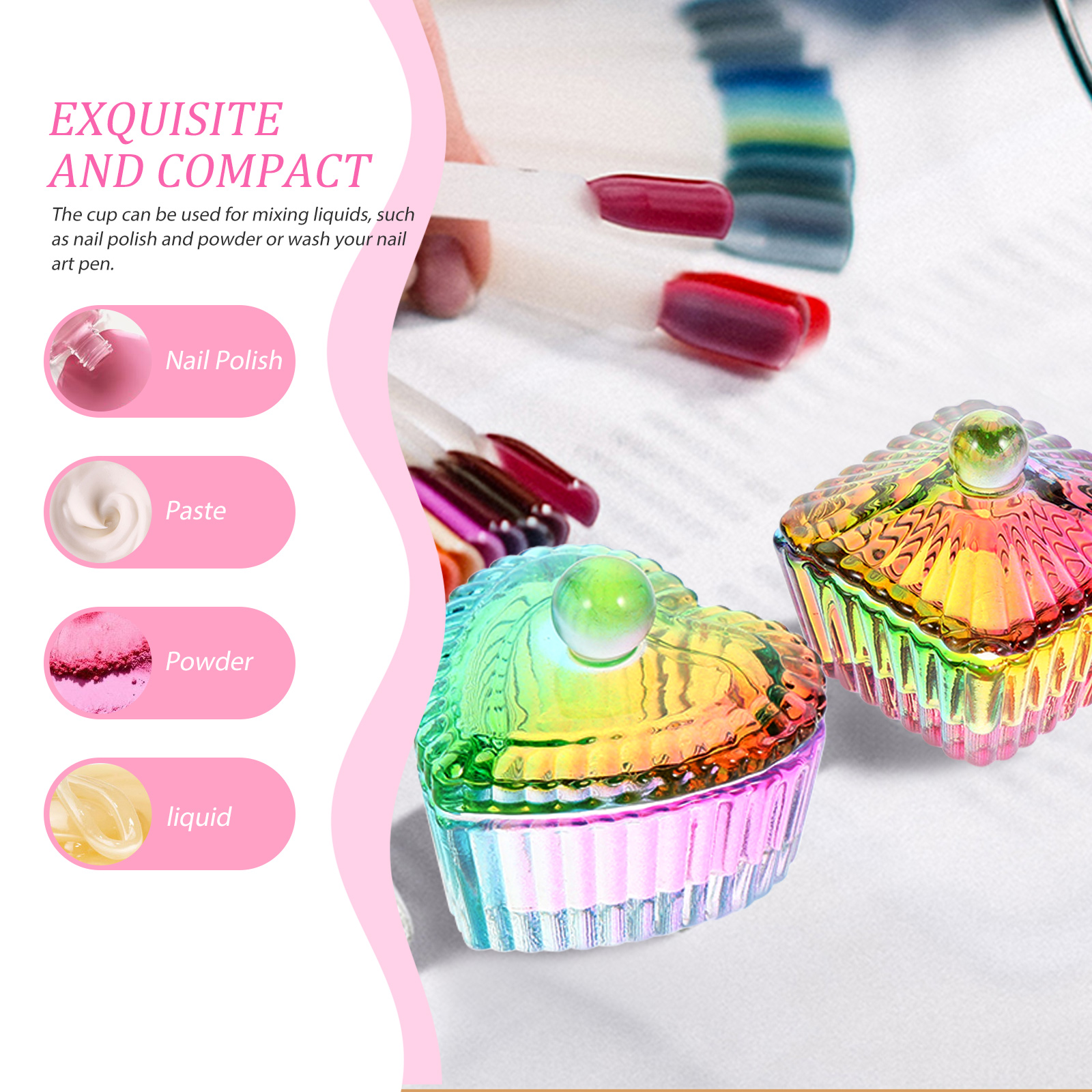 Taza líquida de manicura práctica, vaso con tapa de vidrio para salón de uñas, suministro de manicura, 2 piezas