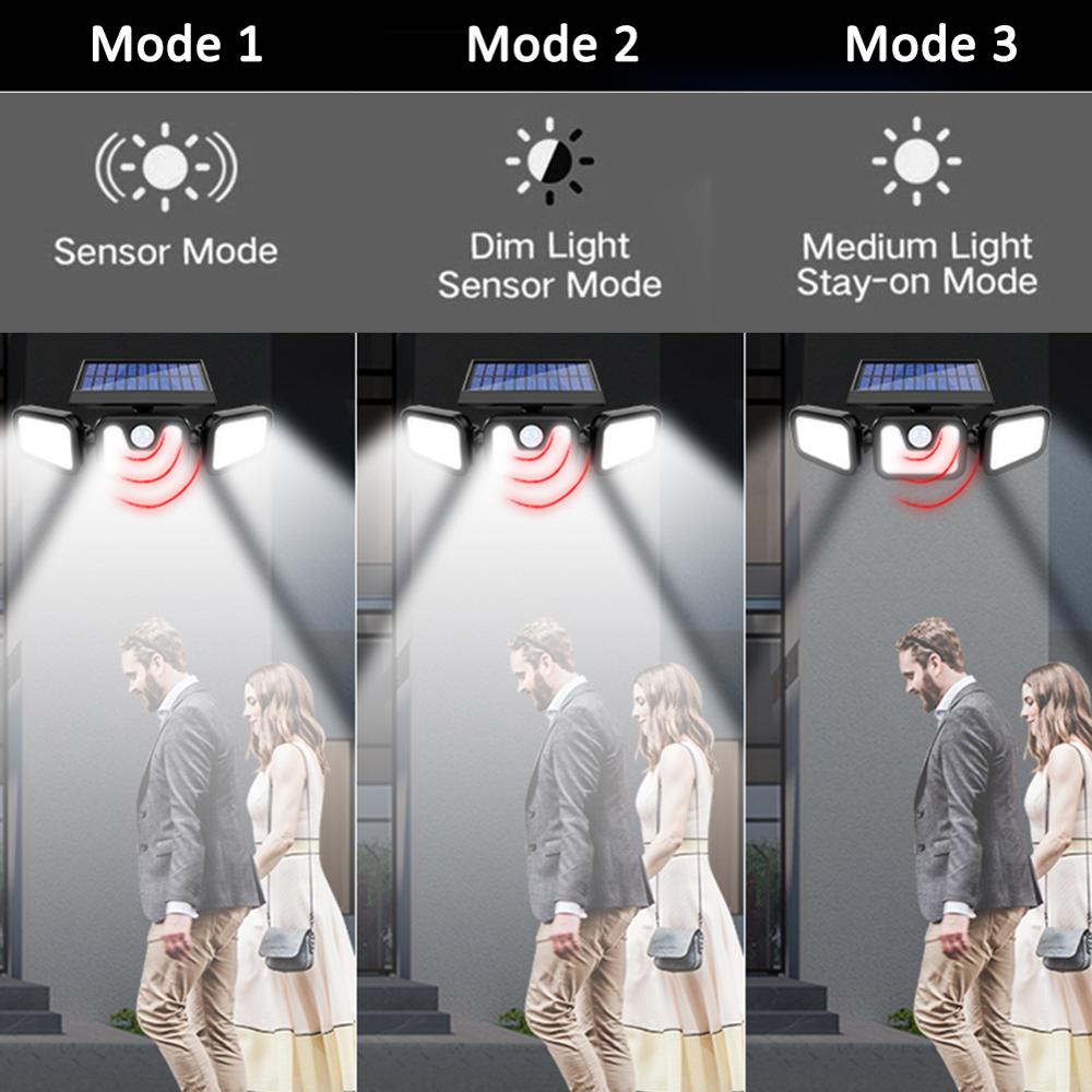 3 Modes LED Solar Lamp PIR Motion Sensor Outdoor Solar Garden Light Three-Sided Waterproof Energy Saving Wall Yard Lamps