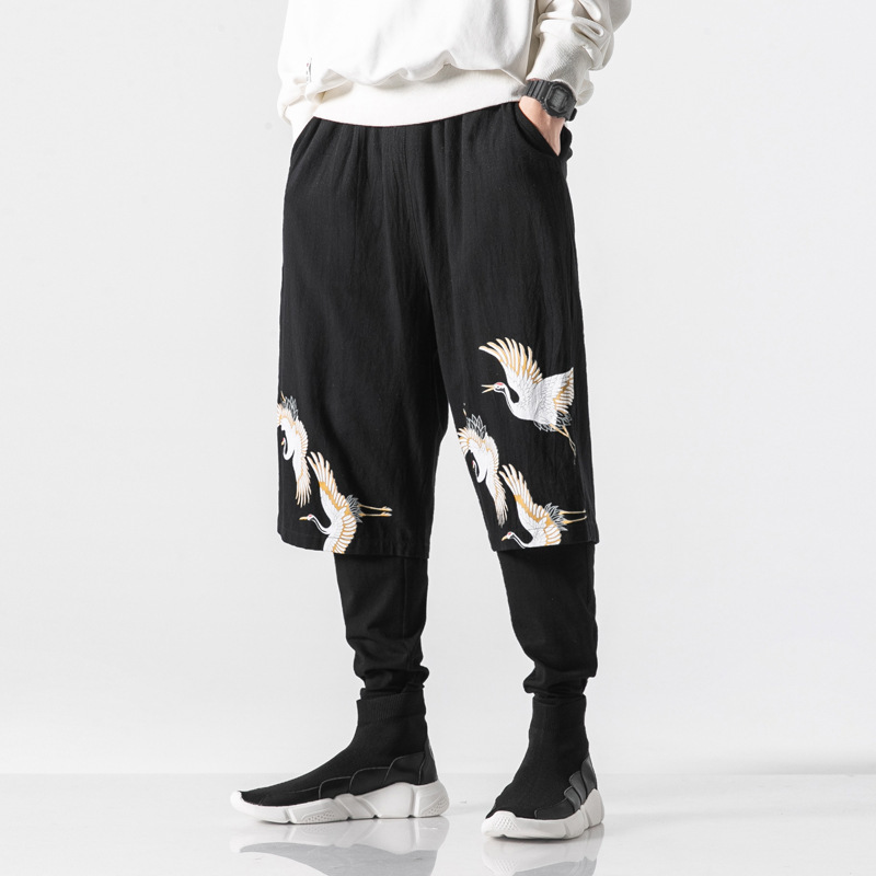 Style chinois traditionnel Kung Fu hommes sarouel Tai Chi coton lin grue imprimer japonais samouraï décontracté pantalon de Jogging en vrac: 1 / 4XL