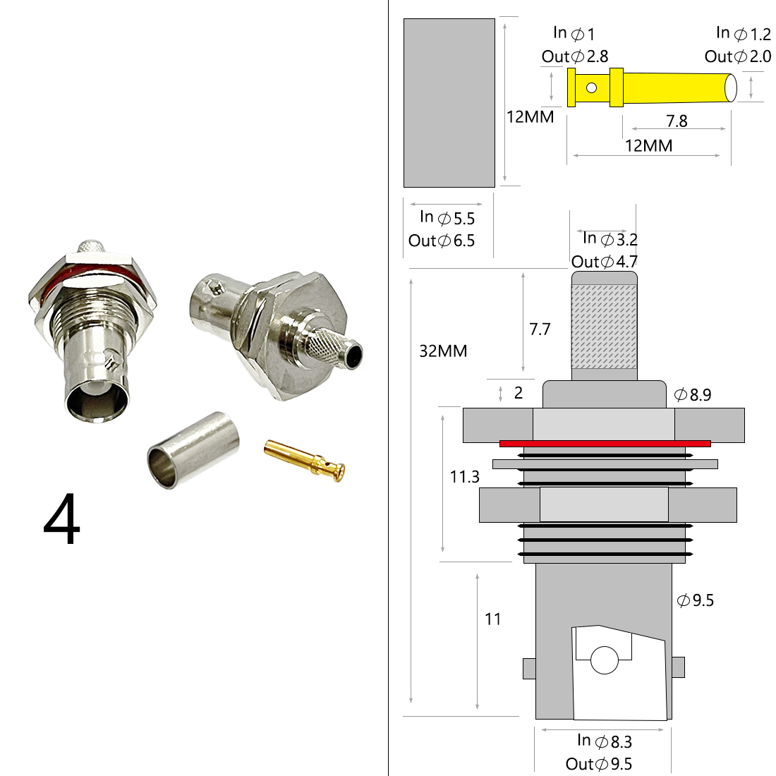 1-4PC BNC Male Female Plug Jack RF Coax Connector Crimp for RG316 RG174 RG58 RG142 Cable Copper Nickelplated With Drawing: MULTI / 5-9Pcs