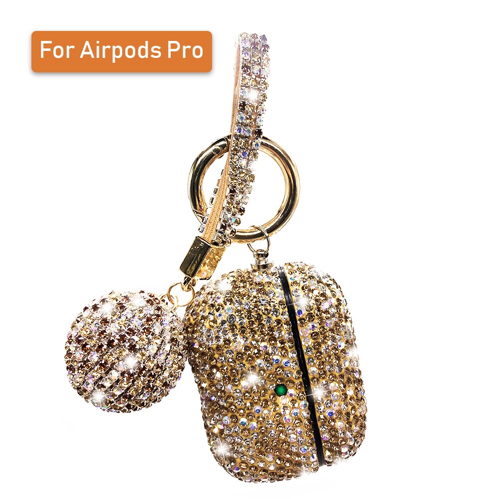Bling Girls Protector For Airpods 2 pro 3 Cases Luxury Diamond Cover With Hanging Ball Keychain For Apple Air pods Charging Box: Gold to Pro3