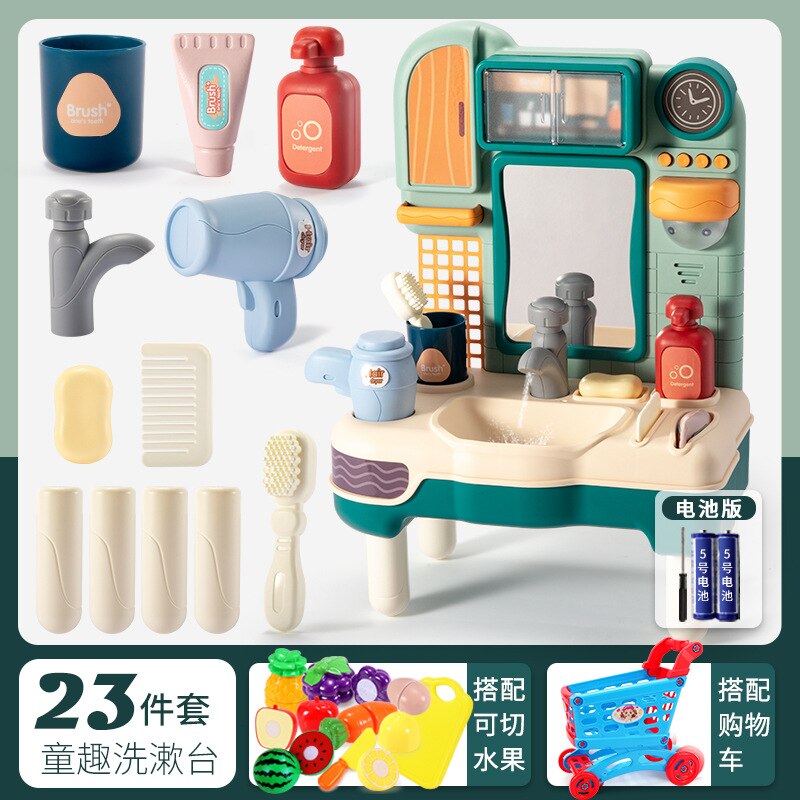 Kinderen Spelen Huis Wastafel Emulate Toy Meisje Leuke Jurk Up Tandenborstel Set Wastafel Simulatie Scène: Childlike Washbasin  Green  Battery Edition   Fruit 9 Pieces   Shopping Cart