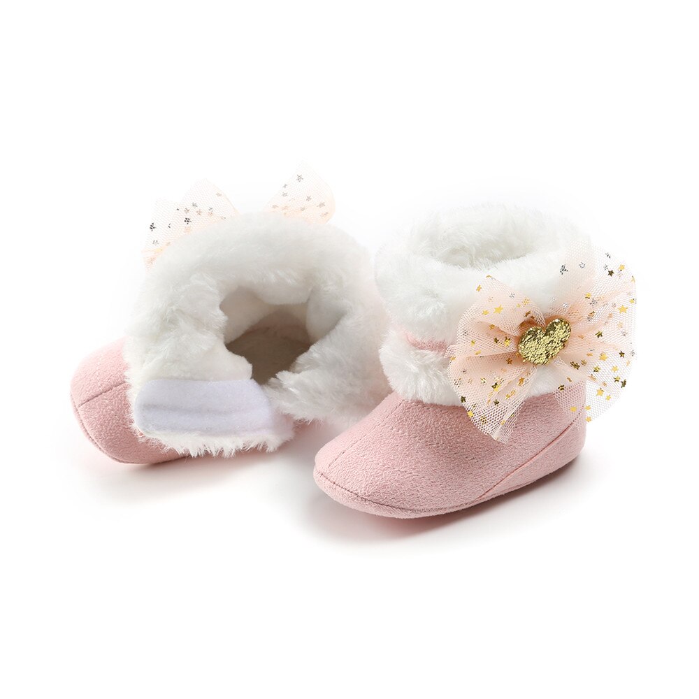 Bottes de neige bébé fille flambant neuf, semelle souple anti-dérapant doublure en fausse fourrure bottines avec mignon Tulle nœud hiver