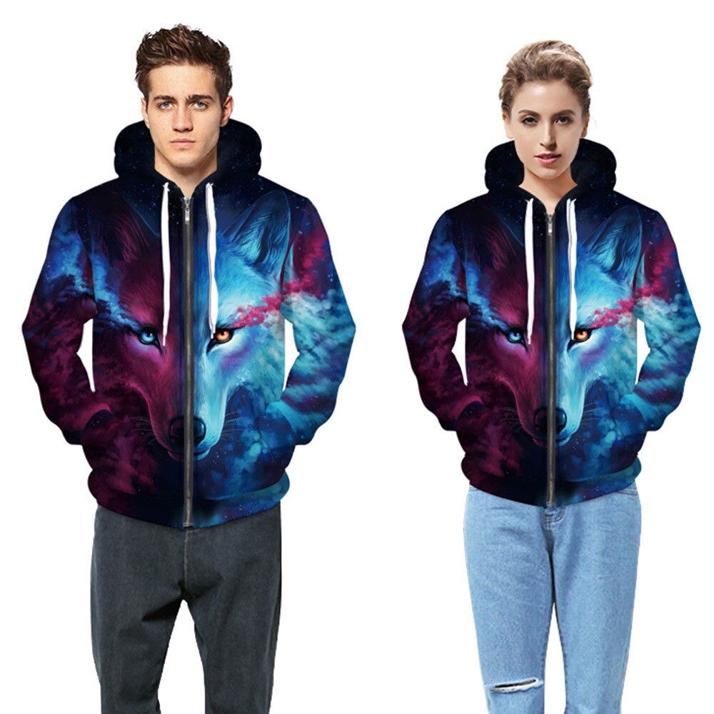 Sudadera con capucha y cremallera para hombre y mujer, chaqueta con estampado gráfico 3D para parejas, abrigo