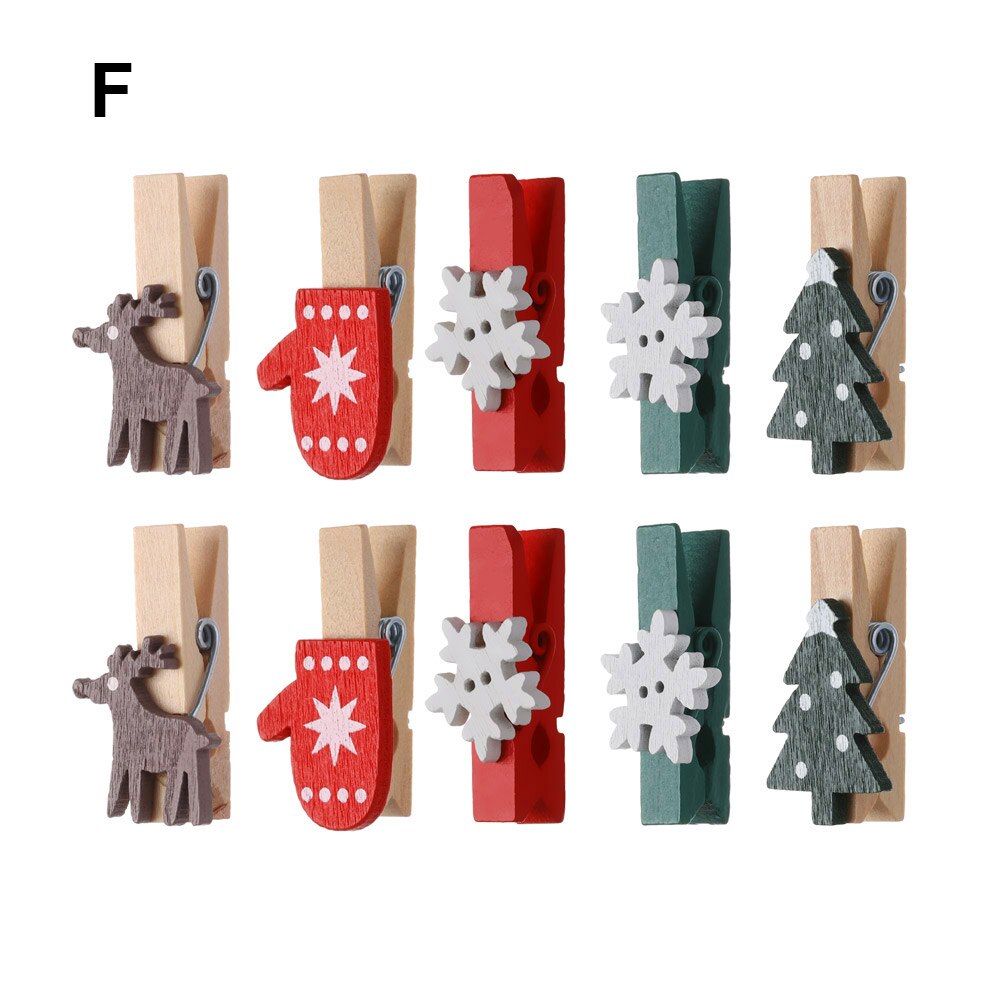 10 stuks/set mini kerst houten clips jaar feest decoratie foto muur clip eland diy kerst ornament kaarthouder bruiloft ornamenten: F