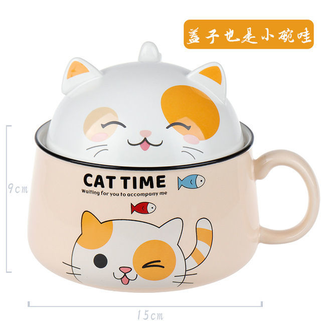 Cartoon Cat Bowl Ceramic Bowl Large Capacity Soup Bowl Kitchen Tableware Salad Bowl Ramen Noodle Bowl With Lid Spoon Fruit Bowl: Yellow 1020ml