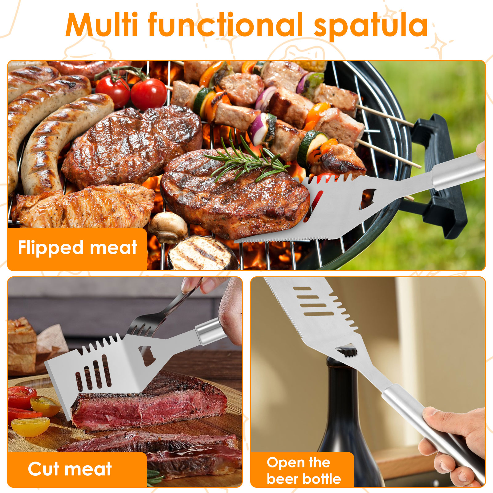6Pcs Grill Tools Set Stainless Steel Grilling Accessories Kit Insulated BBQ Tool Set with Ergonomic Extended Handle for BBQ