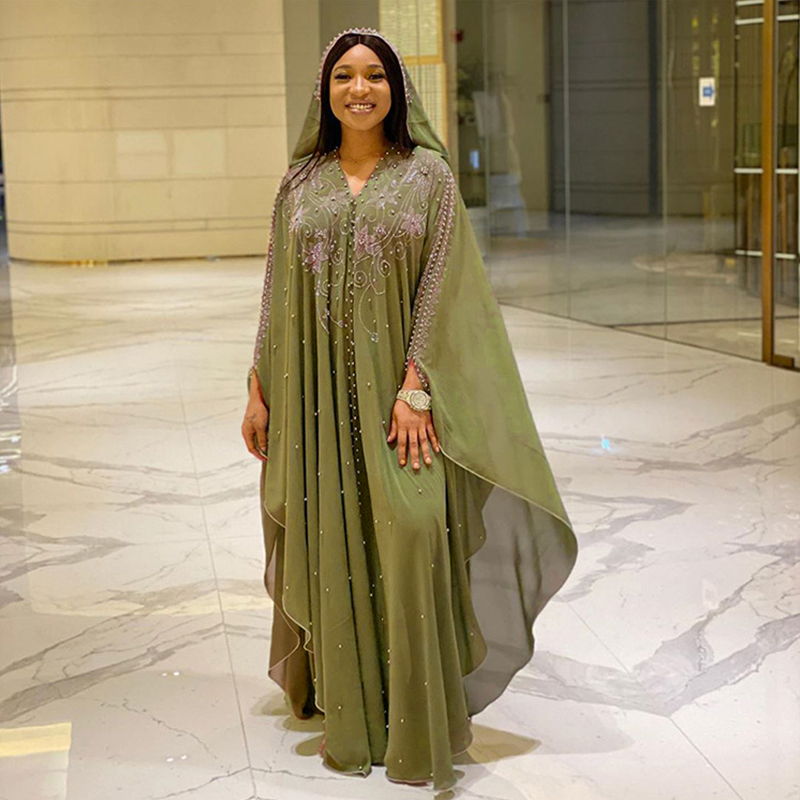 DOIB-vestidos africanos de gasa para mujer, vestido musulmán de talla grande Dashiki, cuentas de diamantes, Boubou, Abaya africana, Dubai