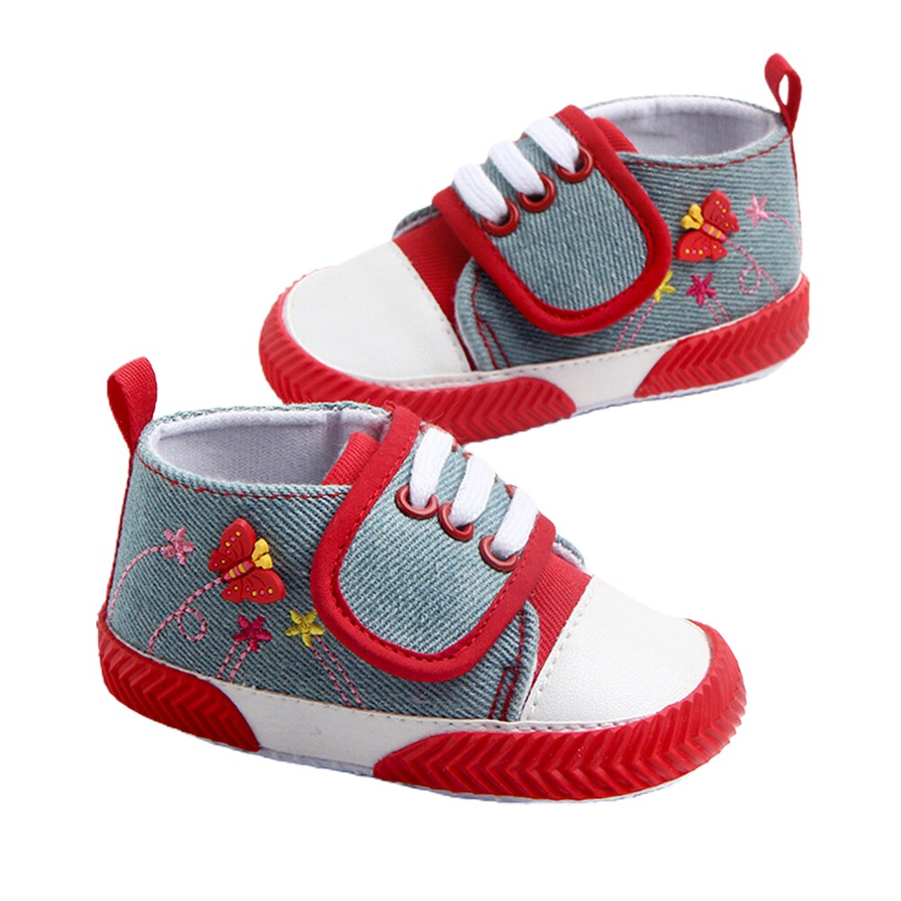 Zapatillas deportivas infantiles para bebés, bonitos zapatos de Primeros pasos antideslizantes con bordado Floral de mariposa para niñas pequeñas: Rojo / 13