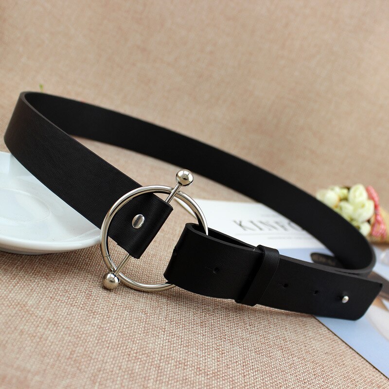 Newest Silver Round buckle belts woman women's belts without pin metal buckle black leather strap belt dames riemen: black