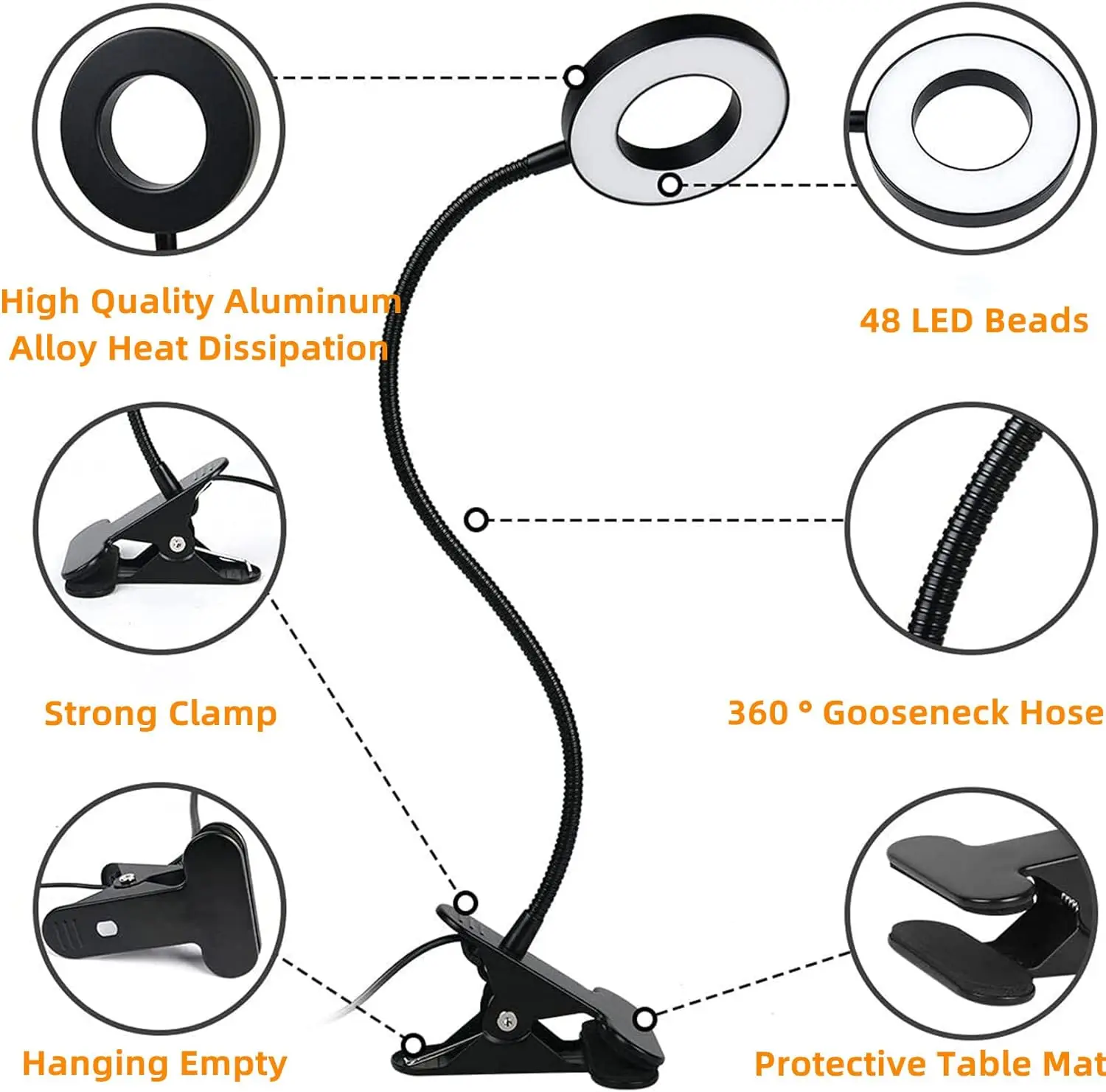 48 led-clip bureaulamp °flexibele zwanenhals leeslamp voor op tafel oogvriendelijke usb-klem boeken nachtlampje studie leeslamp