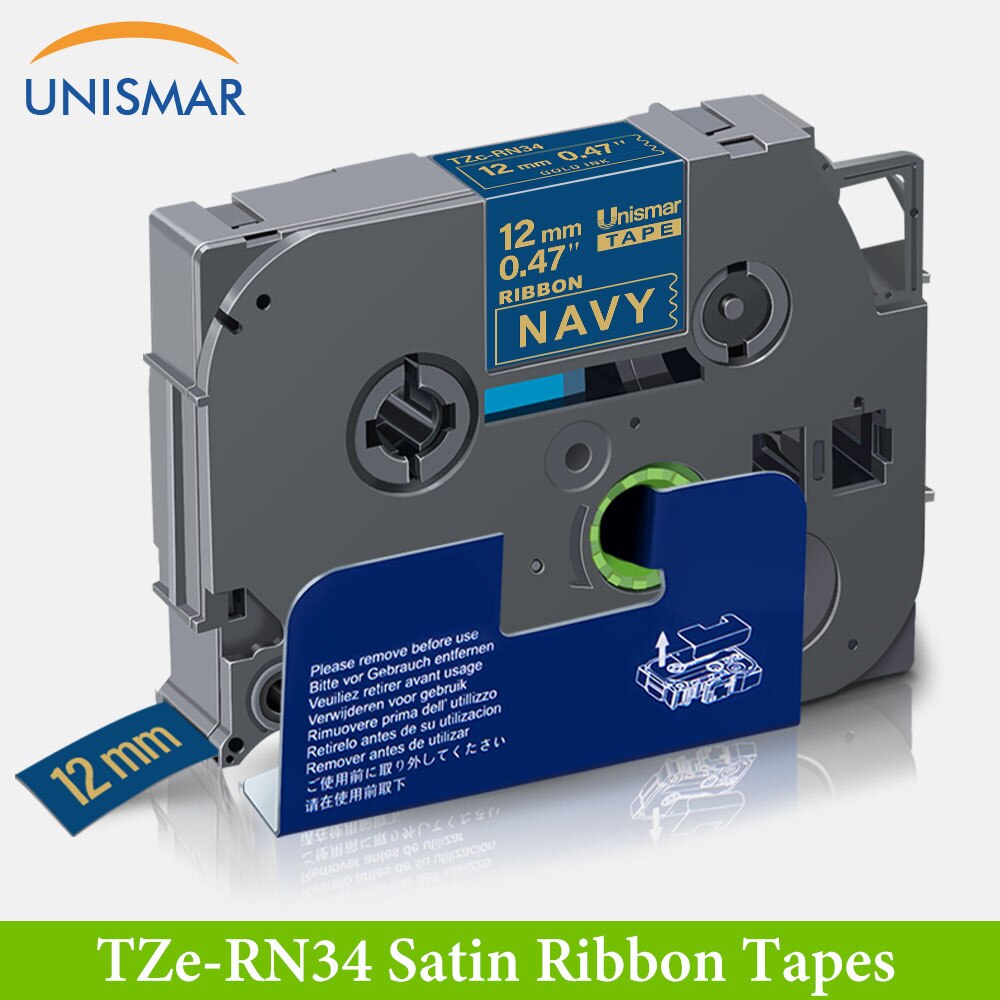 Unismar 1/2 "fita de cetim 12mm tze etiqueta fita TZe-RW34 ouro no vermelho tzrw34 para o irmão p-touch PT-H110 PT-D600 impressora labeler: Gold on Navy