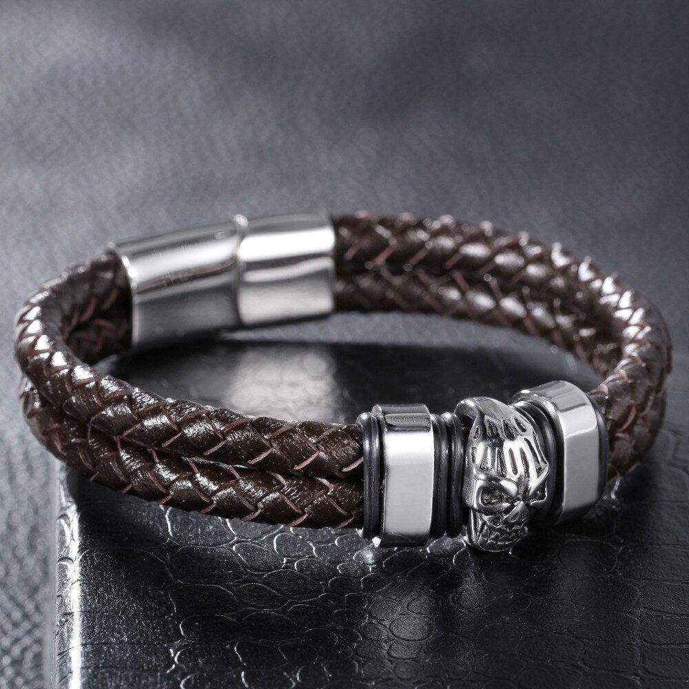 TrustyLan Leder Armbinde Männer Edelstahl Schädel Armbänder Armreifen Punk Felsen cool Armbinde Herren Schmuck Armbinde