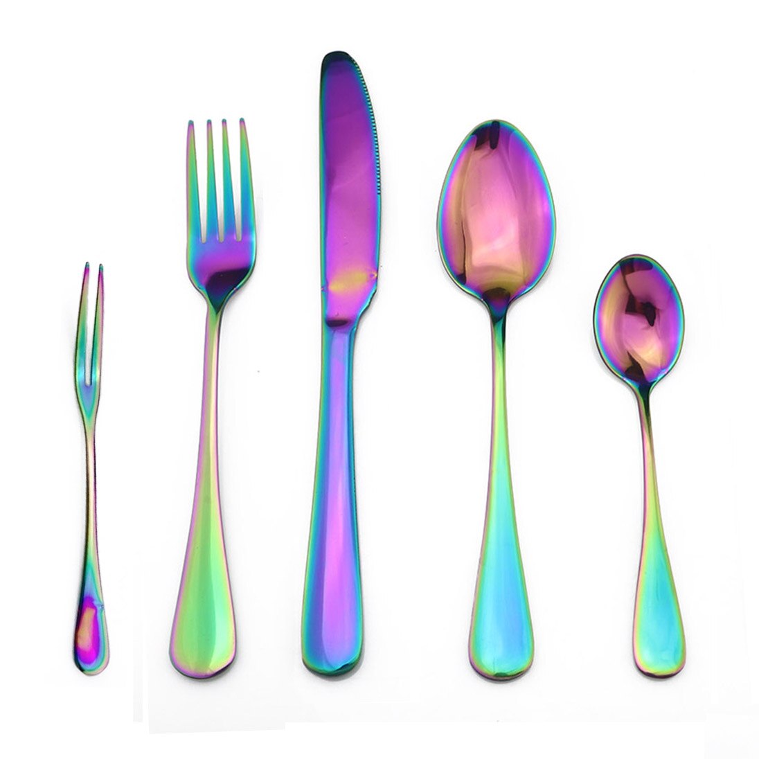Iridescen Rainbow Flatware Set Stainless Steel Cutlery of Sets Fruit Salad Forks Long Coffee Spoon Dinnerware Set Service for 1: Rainbow  5pcs  B