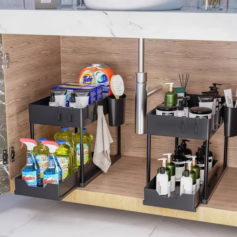 ﻿ 2-Tier Küche Lagerung Unter Waschbecken Organizer Ziehen Doppel-Schicht Waschbecken Demontage Lagerung Rack Badezimmer Küche Desktop Racks