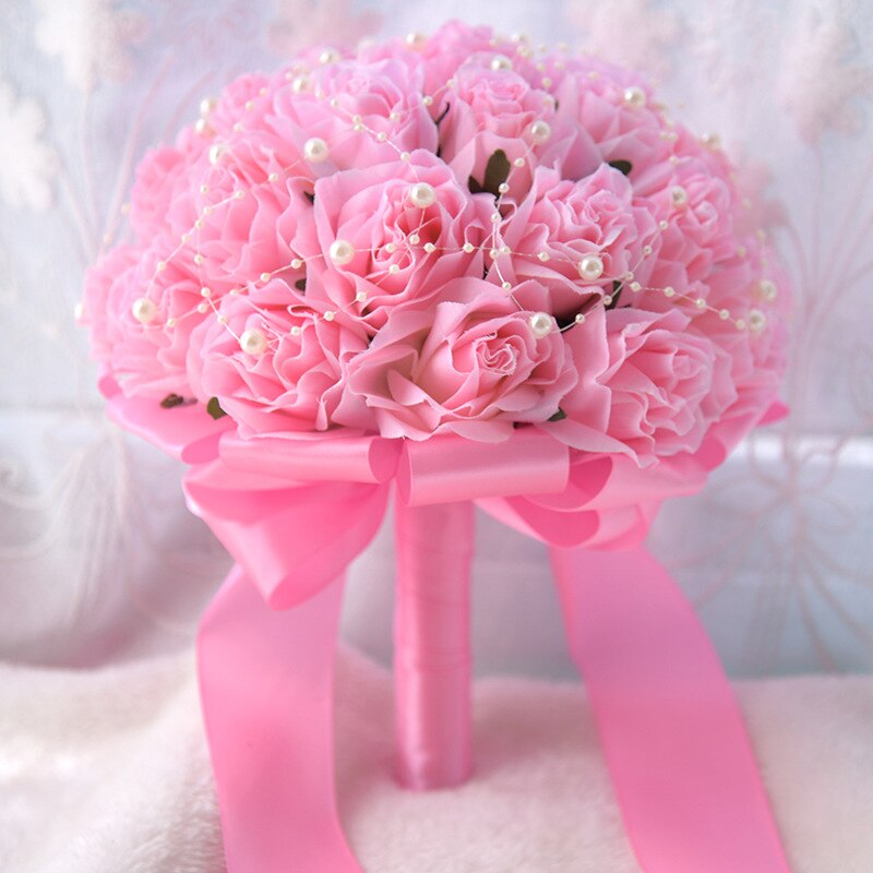 Bruiloft Bruidsboeket Holder Zijde Kunstmatige Rozen Roze Bruidsboeket voor Bruidsmeisjes Mariage Parel Decor Zijde Bloem Boeket: Pink