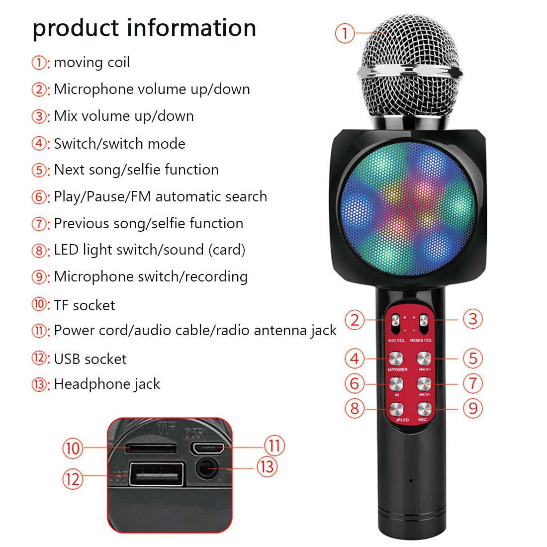 Bluetooth Wireless Microphone with LED light Karaoke Microphone Handheld FM Mic Broadcast Mic For Music Singing Speaker Player