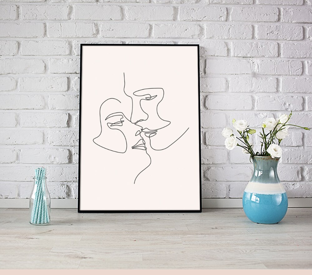 One Line Art Couple,Single Line Drawing Couples , Minimalist Face Line Art Above Bed Art Kiss Printable For Bedroom: A4