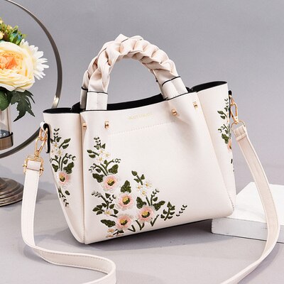 Weave handle Floral PU Leather Embroidery Women Handbags Brand Ladies Bag Shoulder White Female Handbags: white