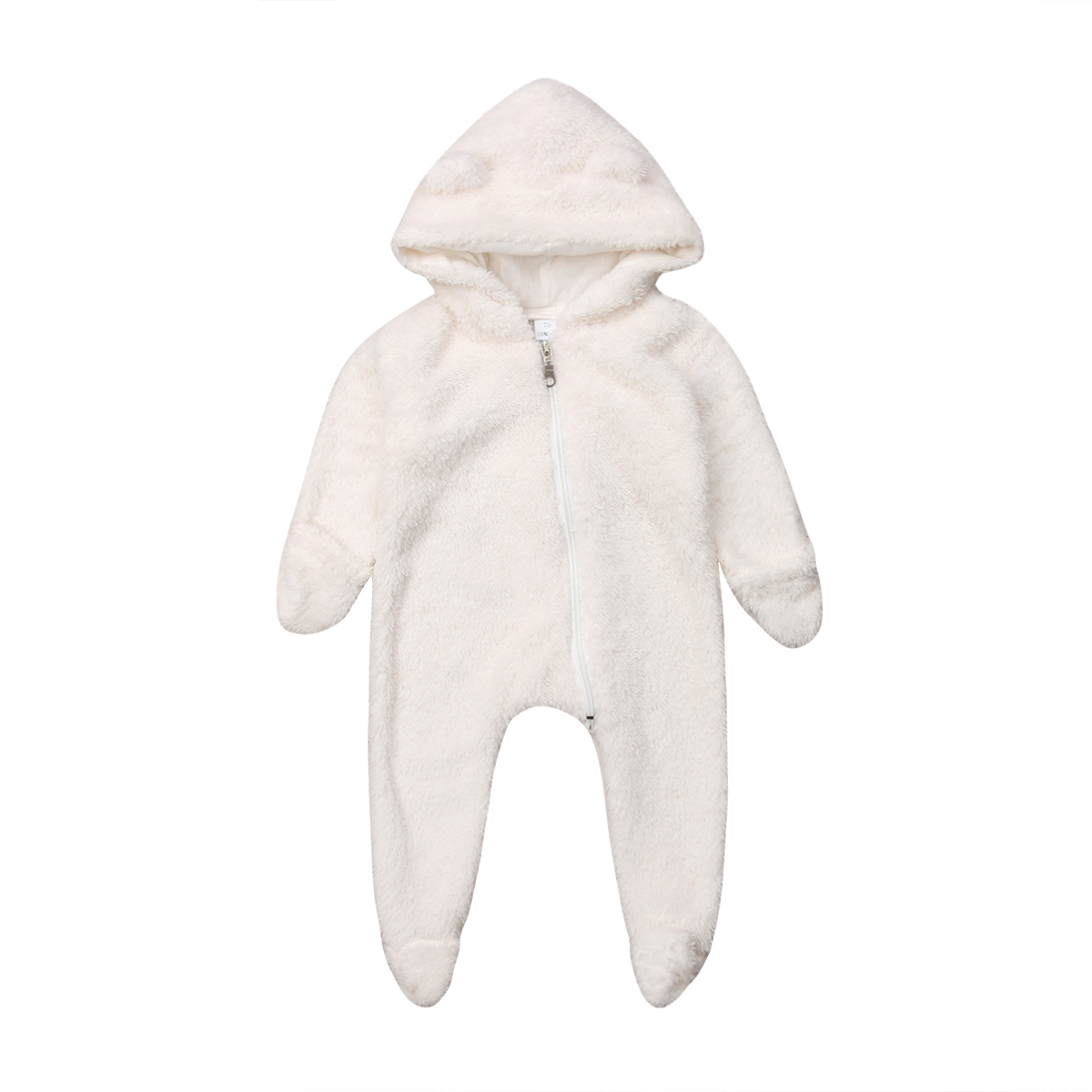 Winter Warm Cute Toddler Baby Girls Boys Fur Romper Ears Hooded Zipper Solid Long Sleeve Jumpsuits Romper 2 Colors: White / 24M