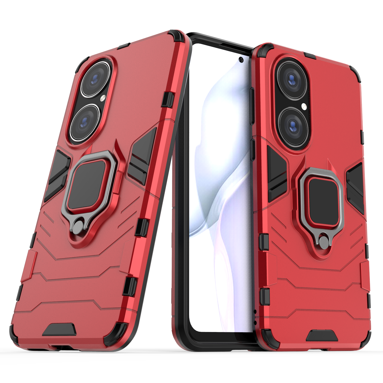 Armor Shockproof Case For Huawei P60 P50 P40 P30 P20 Lite Pro Plus Bumper Metal Ring Stand Back Cover: Neoprene / Red