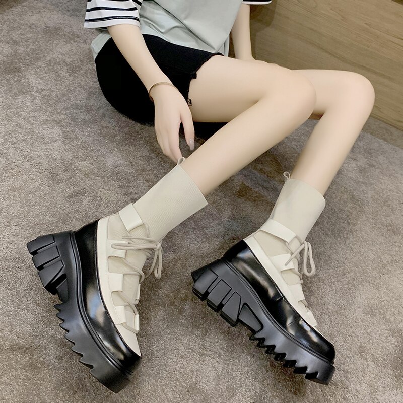 Laarzen dames casual stretch stof sokken laarzen kruisgestrikte damesschoenen platform laarzen