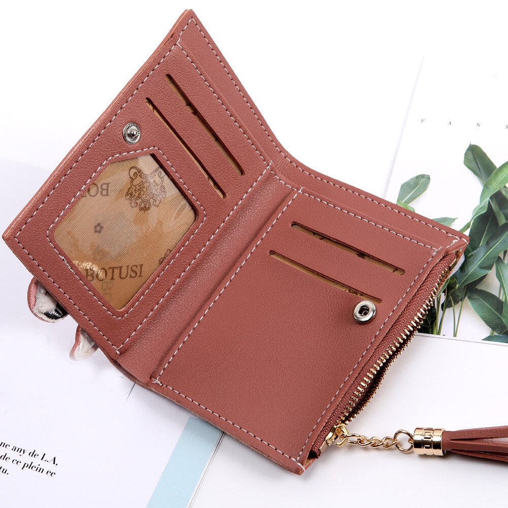 Damen-geldbörse mit fuchs- und katzenmotiv, kurze geldbörse mit quaste, münzfach, kartenhalter, handtasche, rosa, grün, schwarz, grau, damen-geldbörsen und -portemonnaies, carteira  #t20