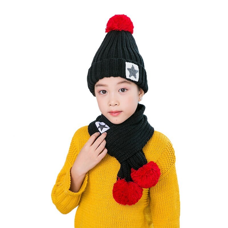 Children Knitted Hats & Scarves Sets Hailball Beanies Knit Kids Winter 2 Pcs Set Winter Hats For Children Hat Winter: Black