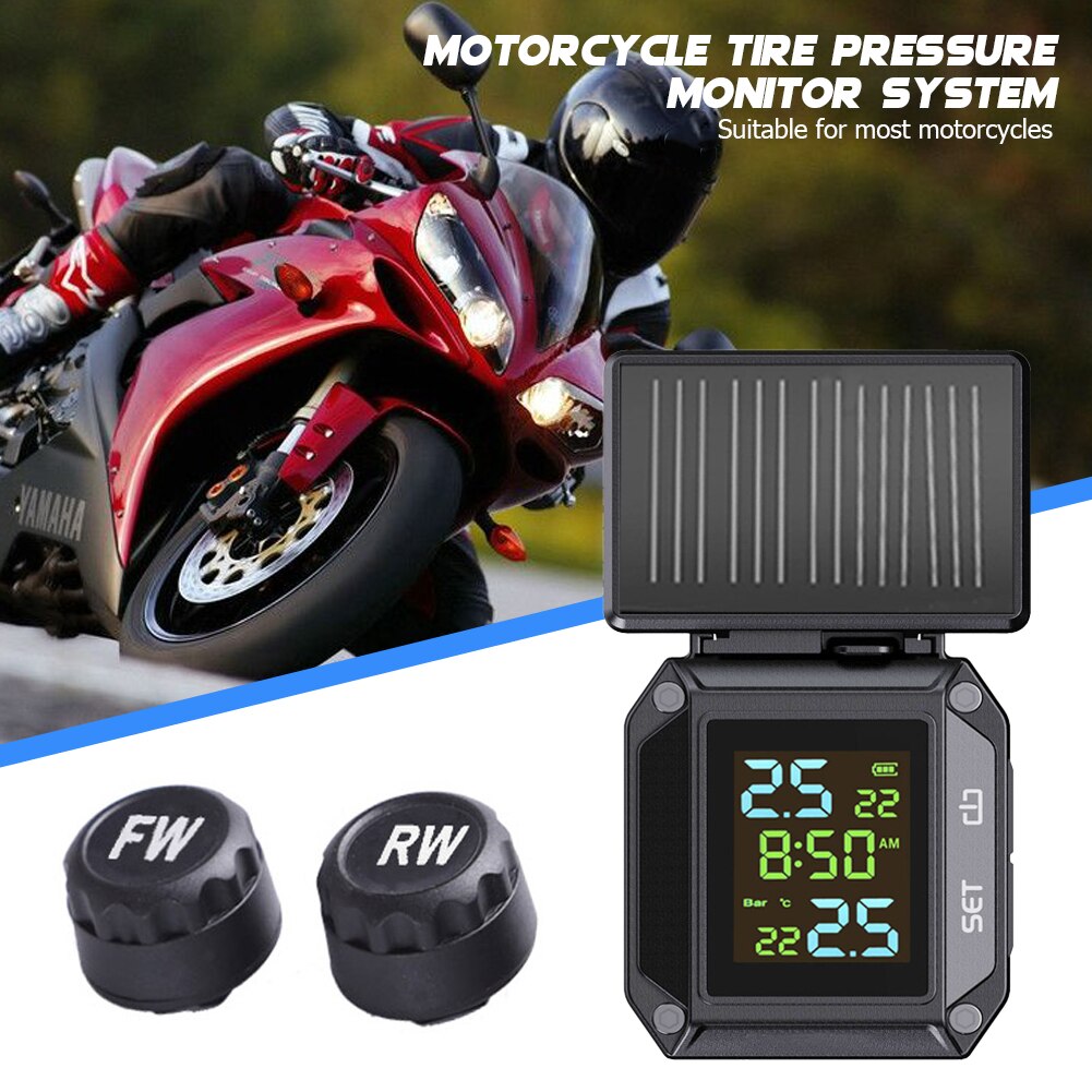 Draadloze Motorfiets Bandenspanning Alarm Lcd Display Solar Usb Charge 2 Externe Sensoren Tpms Tyre Temperatuur Monitoring Systeem